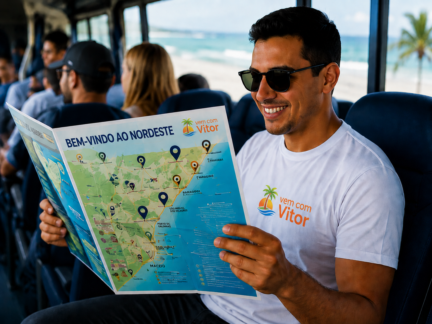 Turista lendo o mapa Vem com Vitor no ônibus